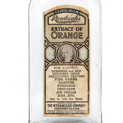 Extract Bottle, W T Rawleigh, Extract of Orange, Original Label, Cork Closure, Antique