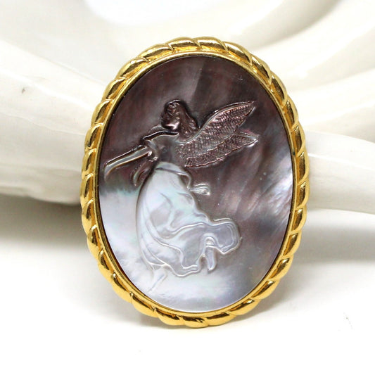 Brooch / Pin, Abalone Angel Cameo, Pin and Pendant in One, Gold Tone Oval