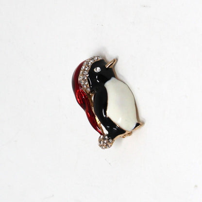 Brooch / Pin, Bird Penguin Red & Black Enameled with Clear Rhinestones, Christmas