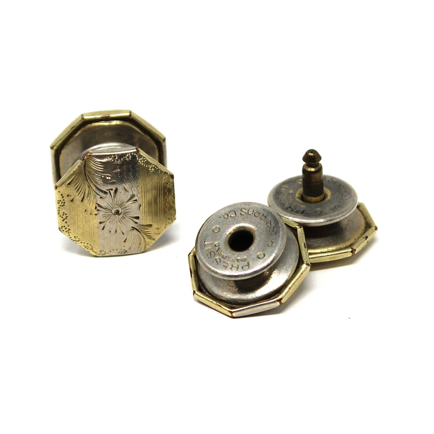 Cufflinks, PRESSIT, Art Deco, Engraved Octagon Shape, Two-Tone, Vintage