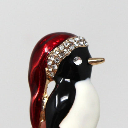 Brooch / Pin, Bird Penguin Red & Black Enameled with Clear Rhinestones, Christmas