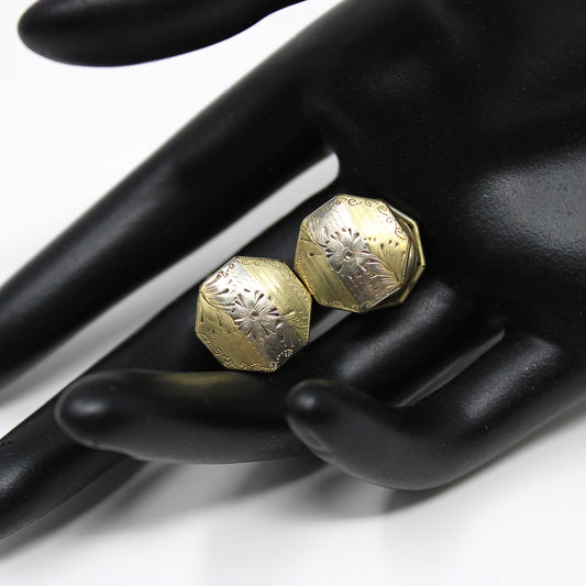 Cufflinks, PRESSIT, Art Deco, Engraved Octagon Shape, Two-Tone, Vintage