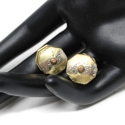 Cufflinks, PRESSIT, Art Deco, Engraved Octagon Shape, Two-Tone, Vintage