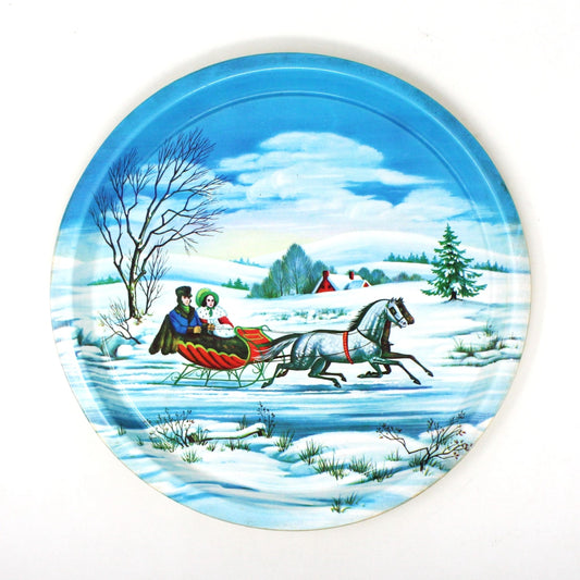 Tray, Currier & Ives, Molded Plastic Serving Tray, "The Road- Winter" Sleigh Ride, Vintage