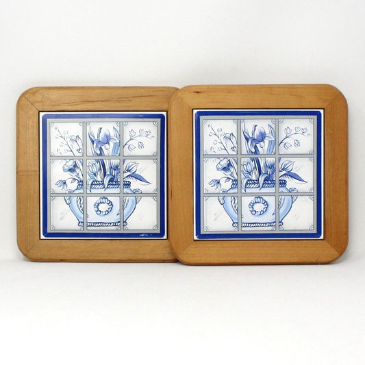 Trivets, Good Wood, Blue & White Ceramic Floral Tile Set of 2, Vintage