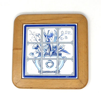 Trivets, Good Wood, Blue & White Ceramic Floral Tile Set of 2, Vintage