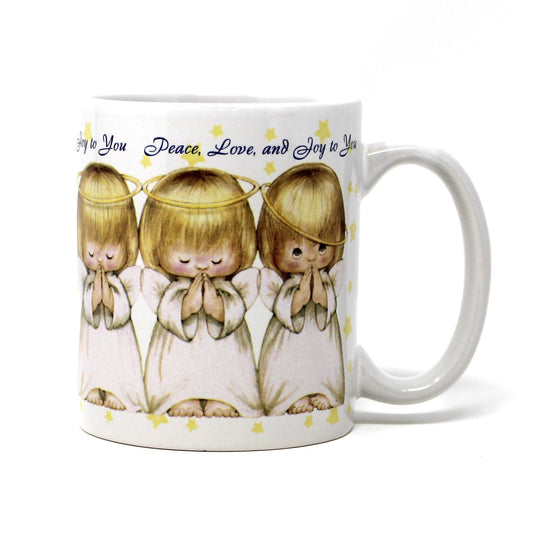 Mug, Hallmark, Ruth Morehead, Three Angels Praying, "Peace Love & Joy to You" Coffee Mug, Ceramic, Vintage