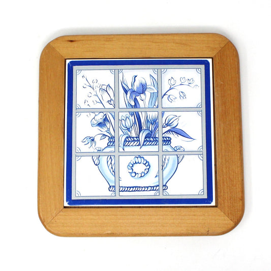 Trivets, Good Wood, Blue & White Ceramic Floral Tile Set of 2, Vintage