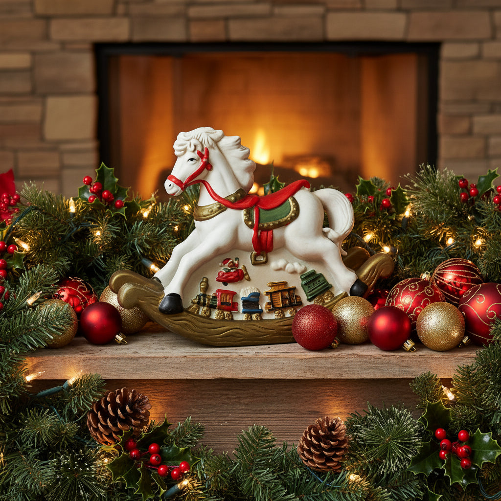 Night Light / Accent Light, Christmas Rocking Horse Light Up Figurine, Porcelain Bisque, Vintage