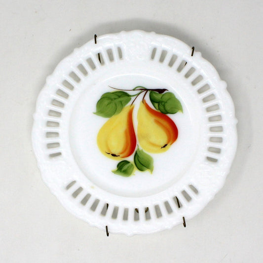 Decorative Plate, Kemple, Hand Painted Pears, Reticulated, Milk Glass, Vintage