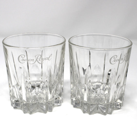 Glasses, Whiskey / Rocks, Crown Royal, French Cut Crystal, Vintage Barware, Set of 2