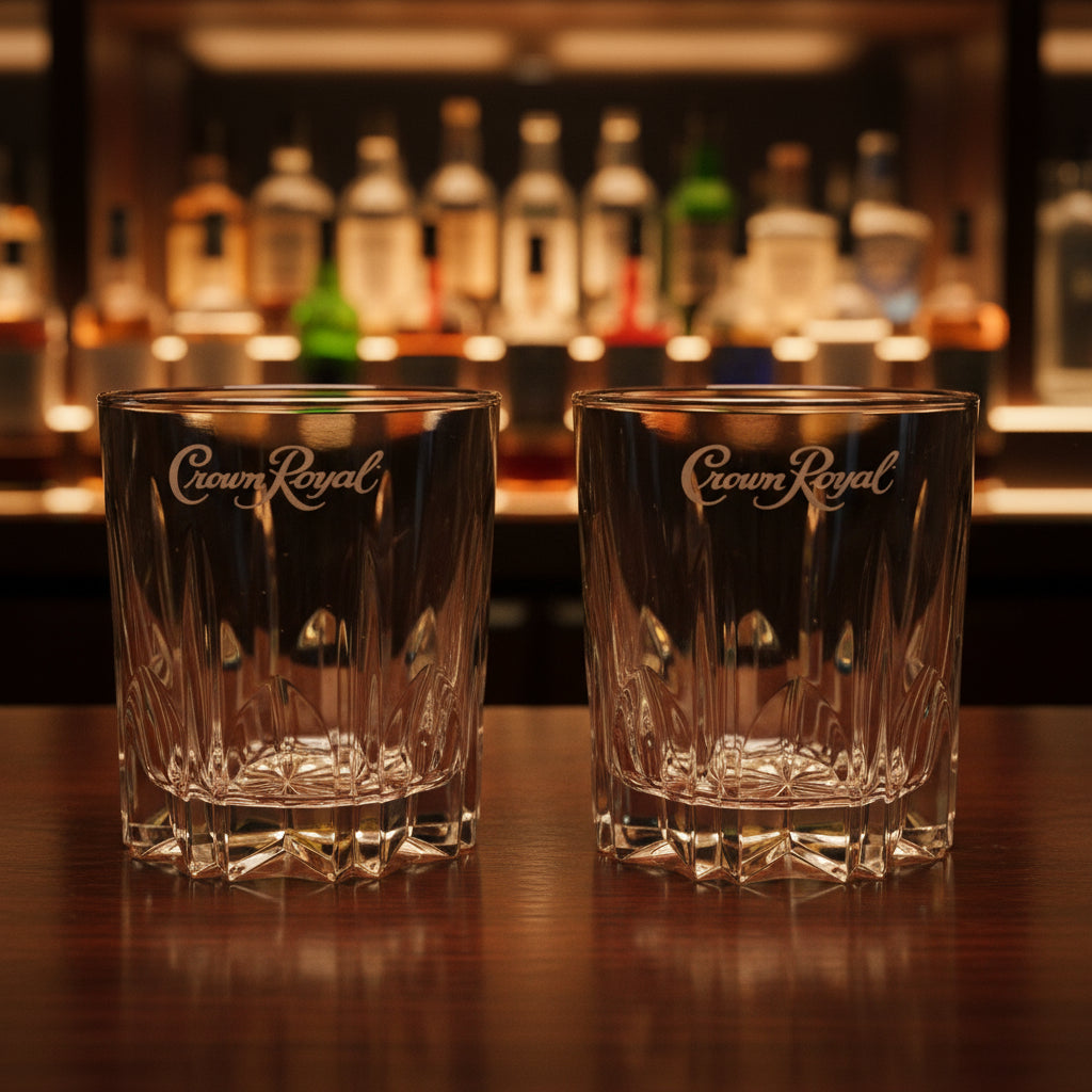 Two cut crystal whiskey glasses with branding for Crown Royal.