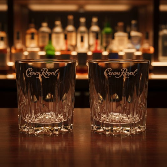 Two cut crystal whiskey glasses with branding for Crown Royal.