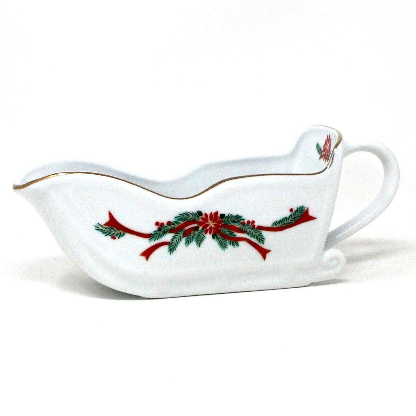 Gravy Boat / Saucière, Tienshan Fairfield, Poinsettia & Ribbons Sleigh, Vintage