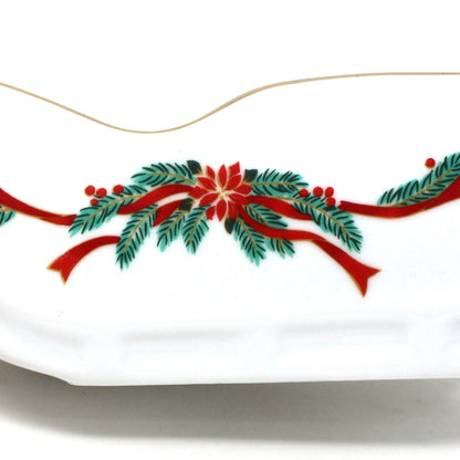 Gravy Boat / Saucière, Tienshan Fairfield, Poinsettia & Ribbons Sleigh, Vintage