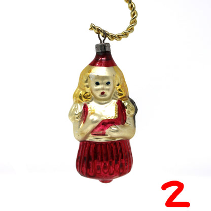 Ornaments, Mercury Blown Glass, Figural Girl in Red Dress, Goldilocks, Vintage Czechoslovakia