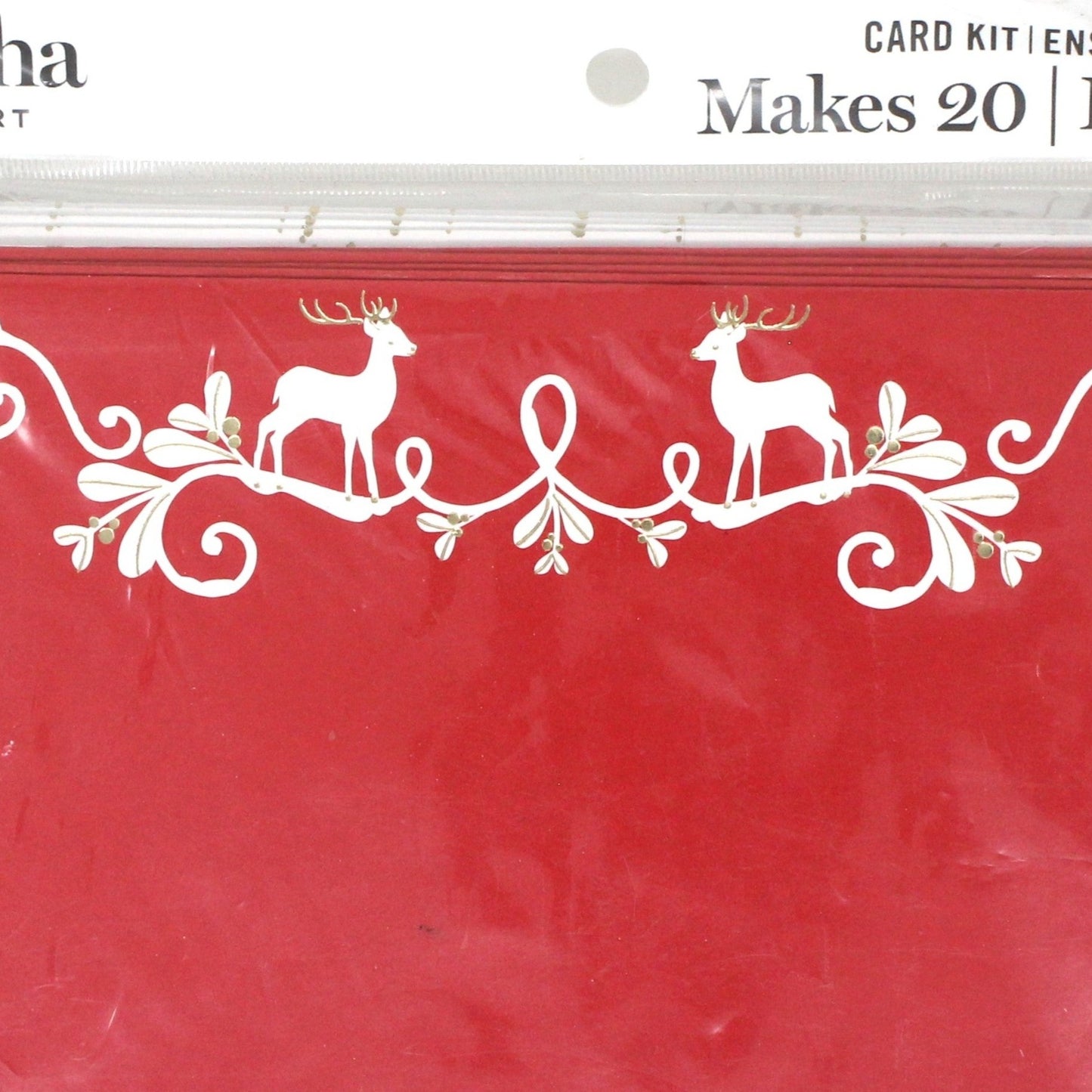 Greeting Card / Christmas, Red, White & Gold Reindeers & Holly,  Set of 20 w/envelopes