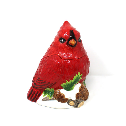 Vintage Christmas Cookie Jar, Red Cardinal Shaped, Ceramic Biscuit Canister, Cookie Holiday Kitchen Decor, Winter Birds