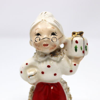 Candle Holders, Mrs Claus with Spaghetti Trim, Hand Painted Porcelain Taper Holder, Vintage, Commodore Japan