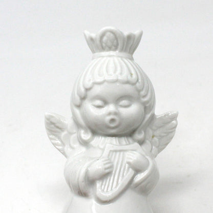 Candle Holder, Dresden, Angel Playing Harp, White Porcelain, Vintage