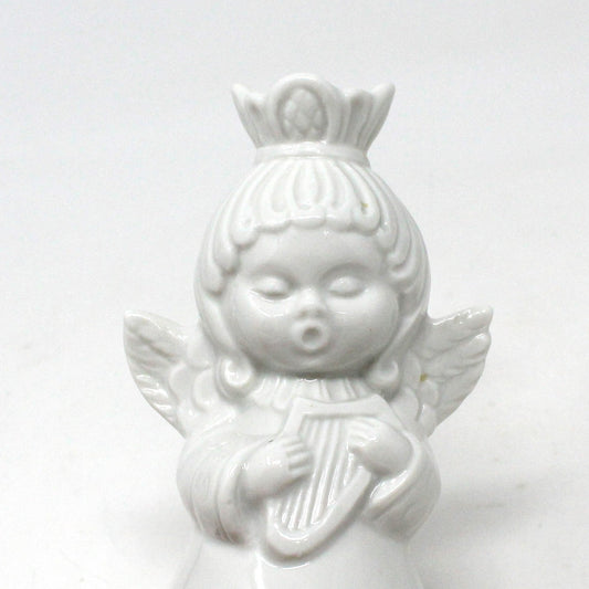Candle Holder, Dresden, Angel Playing Harp, White Porcelain, Vintage