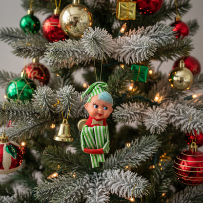Ornaments, Knee Hugger / Pixie Elf, Mid Century Christmas Collectible, RARE, Blue Hair, Round Nose, Striped Green / White, Vintage