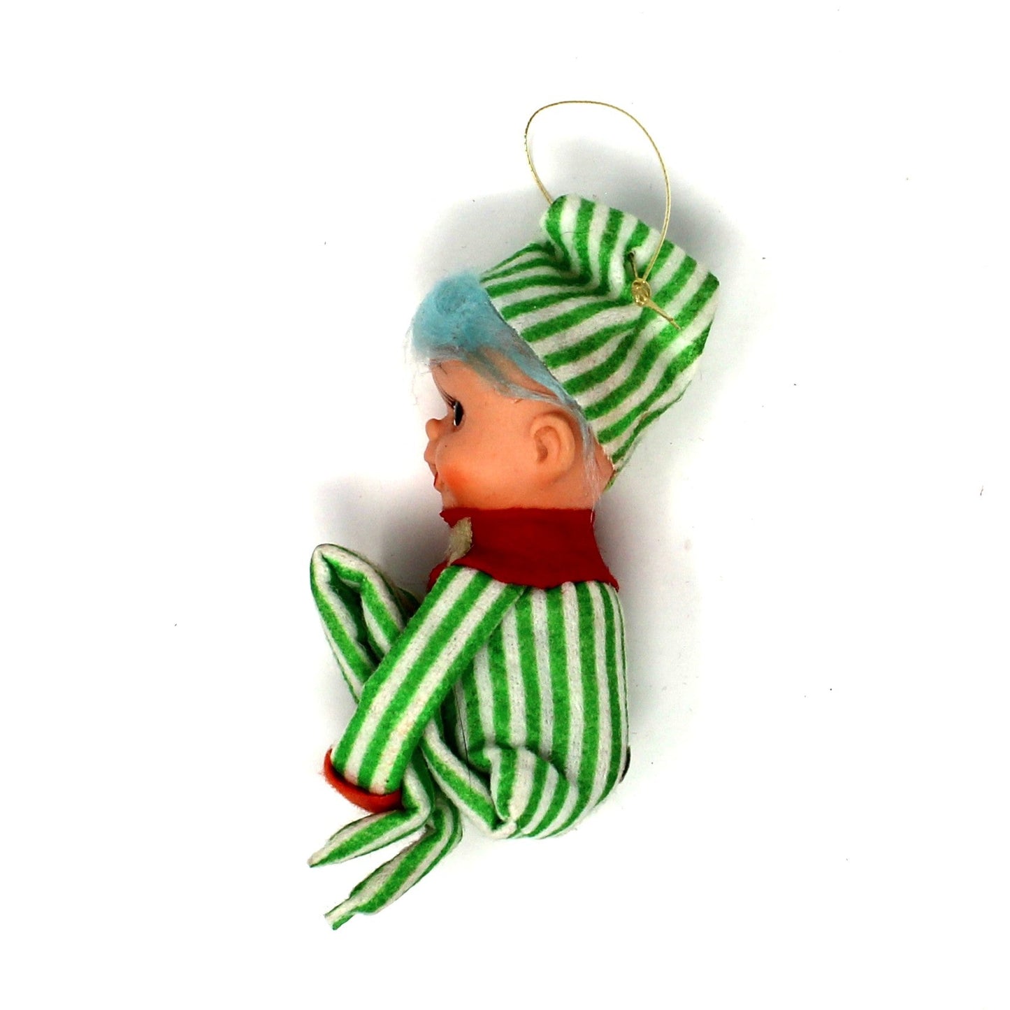 Ornaments, Knee Hugger / Pixie Elf, Mid Century Christmas Collectible, RARE, Blue Hair, Round Nose, Striped Green / White, Vintage