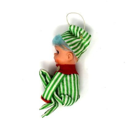 Ornaments, Knee Hugger / Pixie Elf, Mid Century Christmas Collectible, RARE, Blue Hair, Round Nose, Striped Green / White, Vintage