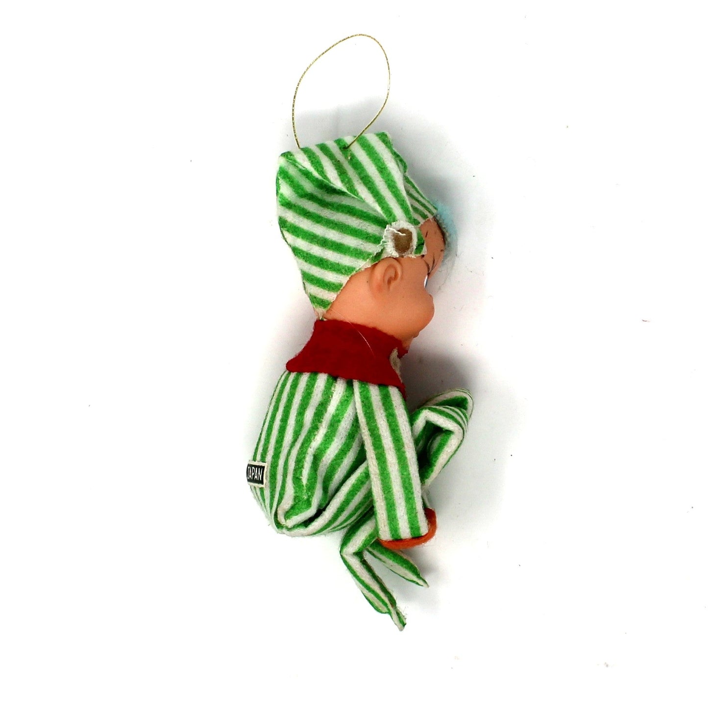 Ornaments, Knee Hugger / Pixie Elf, Mid Century Christmas Collectible, RARE, Blue Hair, Round Nose, Striped Green / White, Vintage