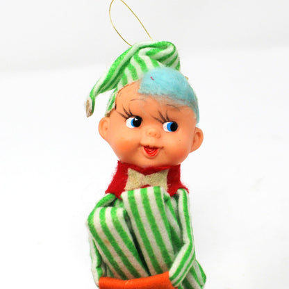 Ornaments, Knee Hugger / Pixie Elf, Mid Century Christmas Collectible, RARE, Blue Hair, Round Nose, Striped Green / White, Vintage