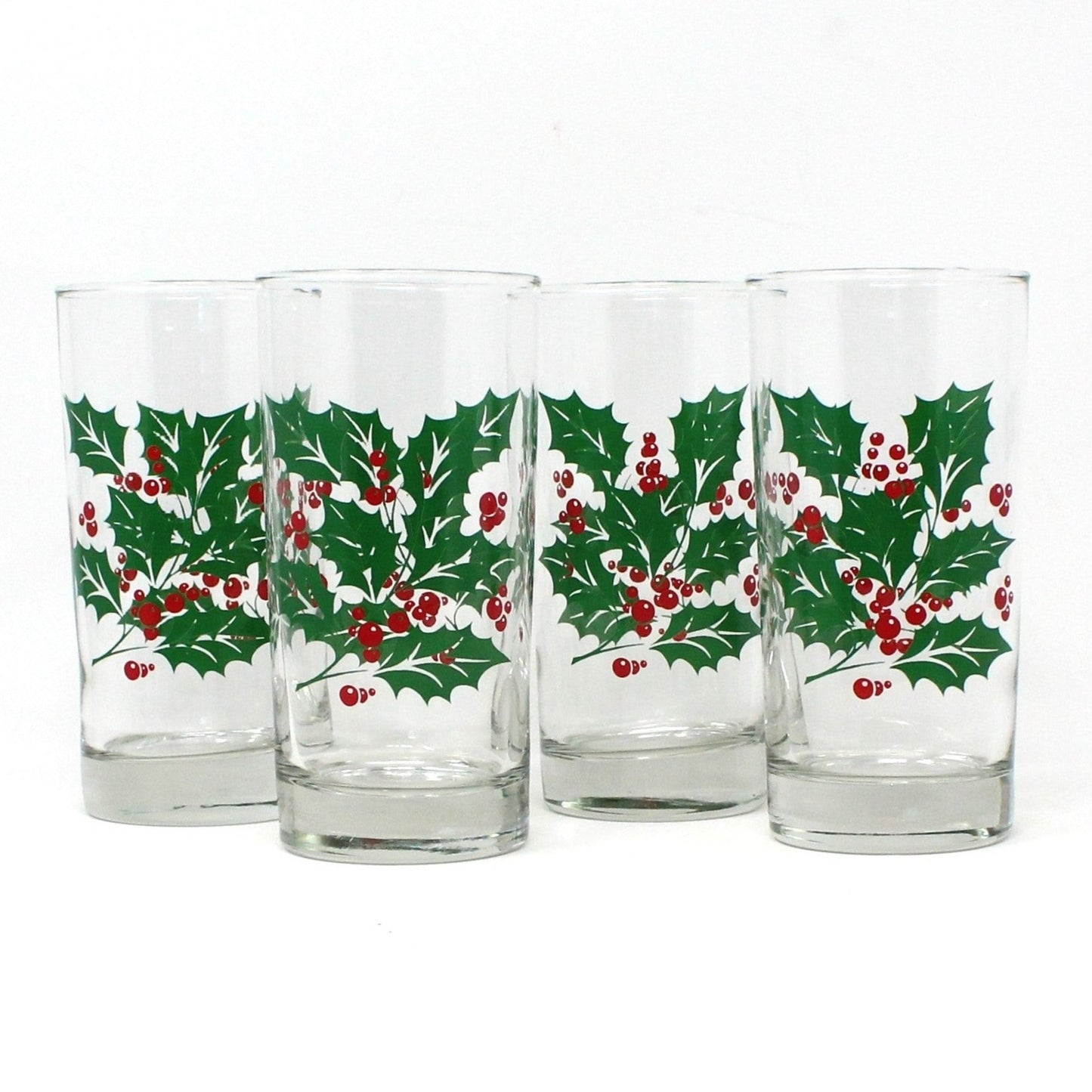 Glasses, Whiskey, Tom Collins & Ice Bowl, Bartlett Collins, Christmas Holly, 9 Pcs, Vintage