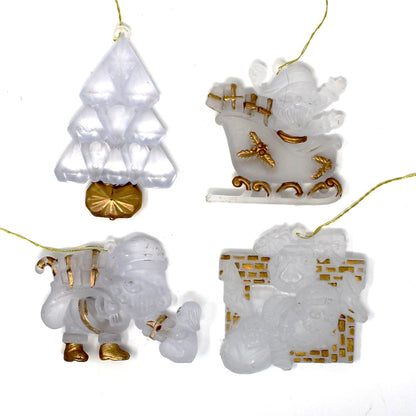 Ornaments, Acrylic, Frosted and Gold Trimmed, Set of 4 Holiday Ornaments, Vintage