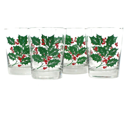 Glasses, Whiskey, Tom Collins & Ice Bowl, Bartlett Collins, Christmas Holly, 9 Pcs, Vintage