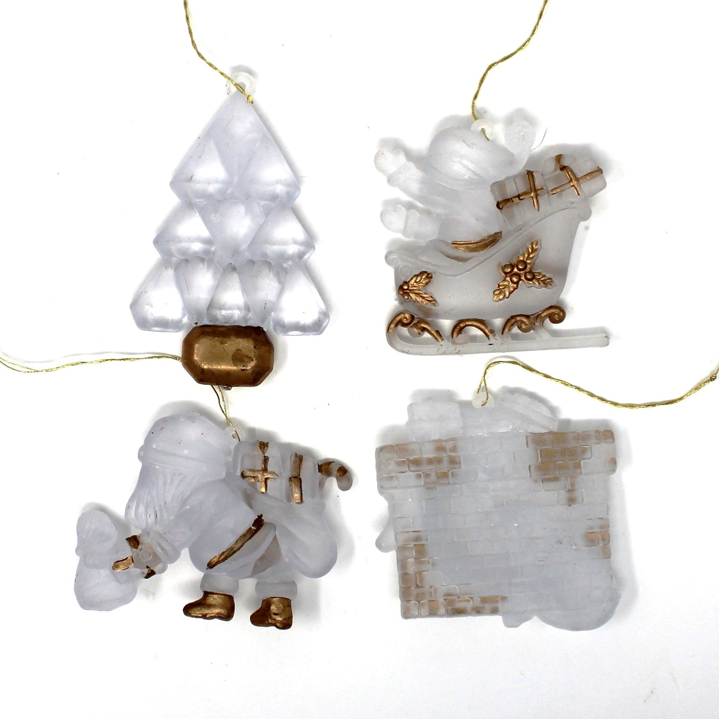 Ornaments, Acrylic, Frosted and Gold Trimmed, Set of 4 Holiday Ornaments, Vintage