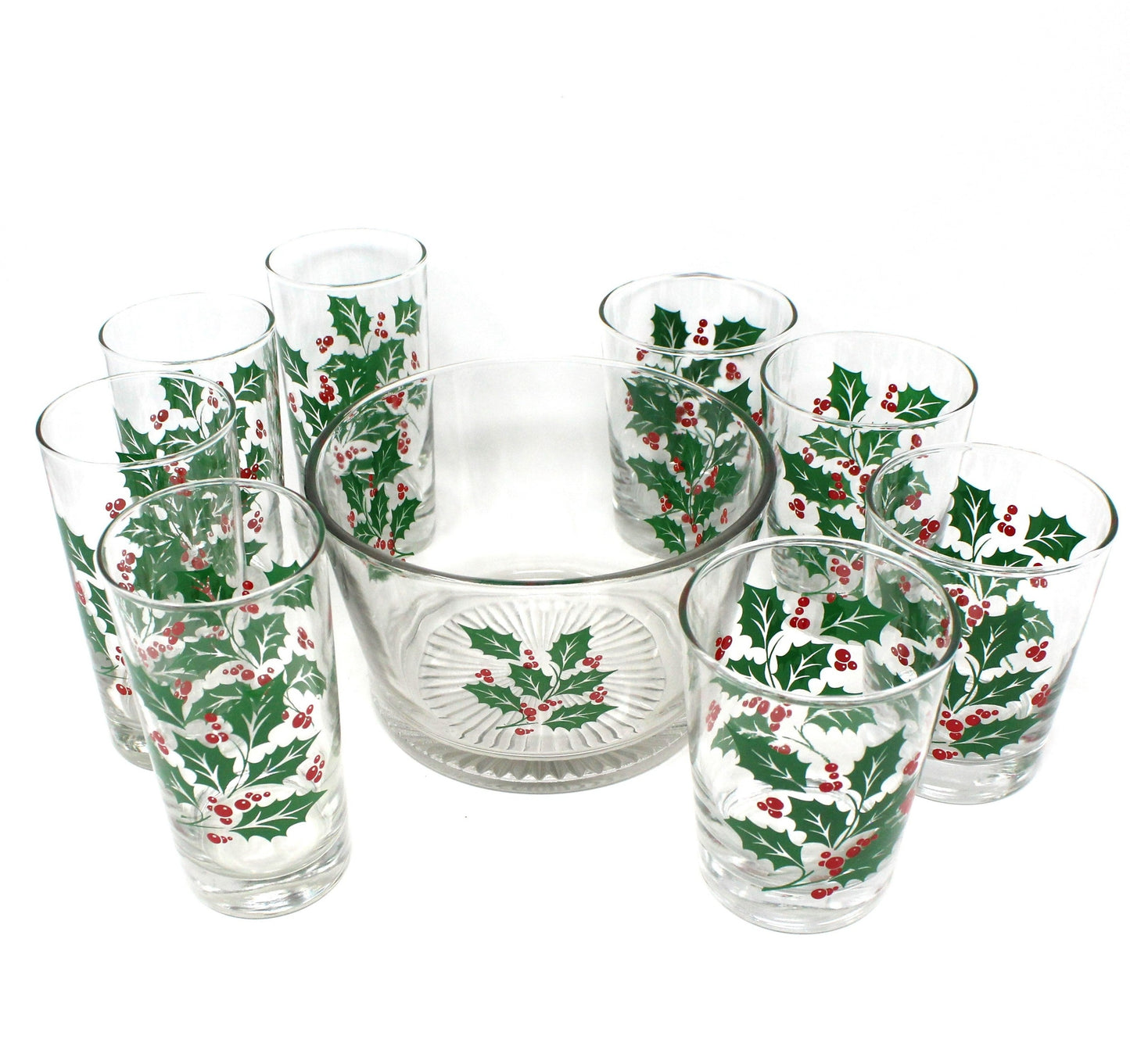 Glasses, Whiskey, Tom Collins & Ice Bowl, Bartlett Collins, Christmas Holly, 9 Pcs, Vintage