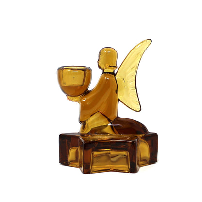 Candle Holder, L.E. Smith Glass, Kneeling Angel on Star Base, Amber Glass Taper Holder, Vintage