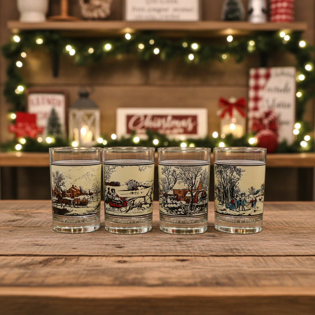 Glasses, Whiskey / Rocks, Currier & Ives, Winter Holiday Scenes, Double Old Fashioned, Vintage, Set of 4