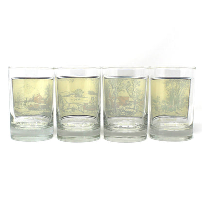 Glasses, Whiskey / Rocks, Currier & Ives, Winter Holiday Scenes, Double Old Fashioned, Vintage, Set of 4