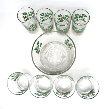 Glasses & Ice Bowl Set, Ice Bucket, Whiskey Glasses, Bartlett Collins, Christmas Holly, 9 Pcs, Vintage