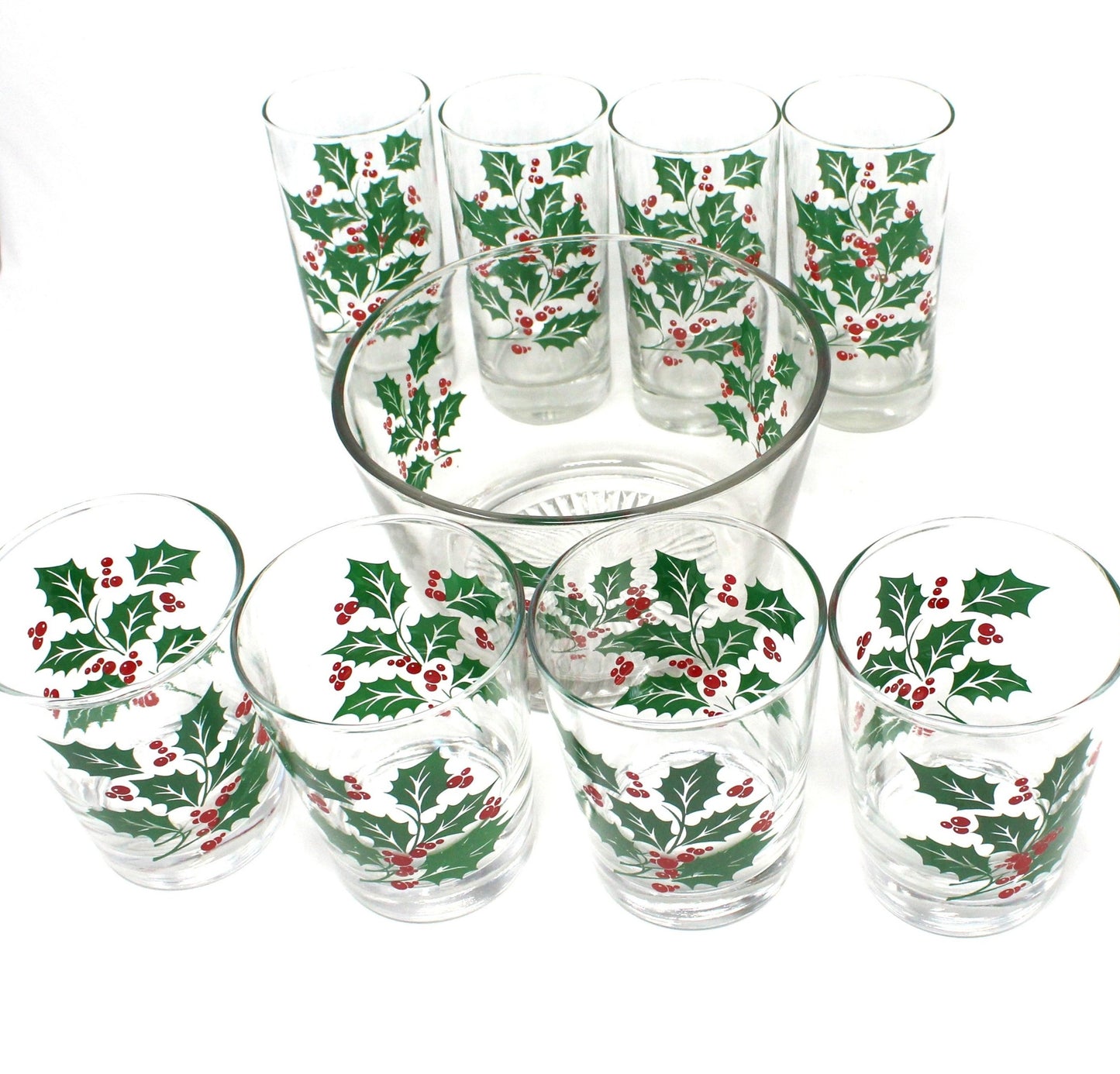 Glasses, Whiskey, Tom Collins & Ice Bowl, Bartlett Collins, Christmas Holly, 9 Pcs, Vintage