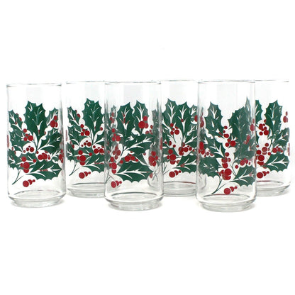 Glasses, Bartlett Collins, Christmas Holly Tumblers / Tom Collins, Set of 6, Vintage