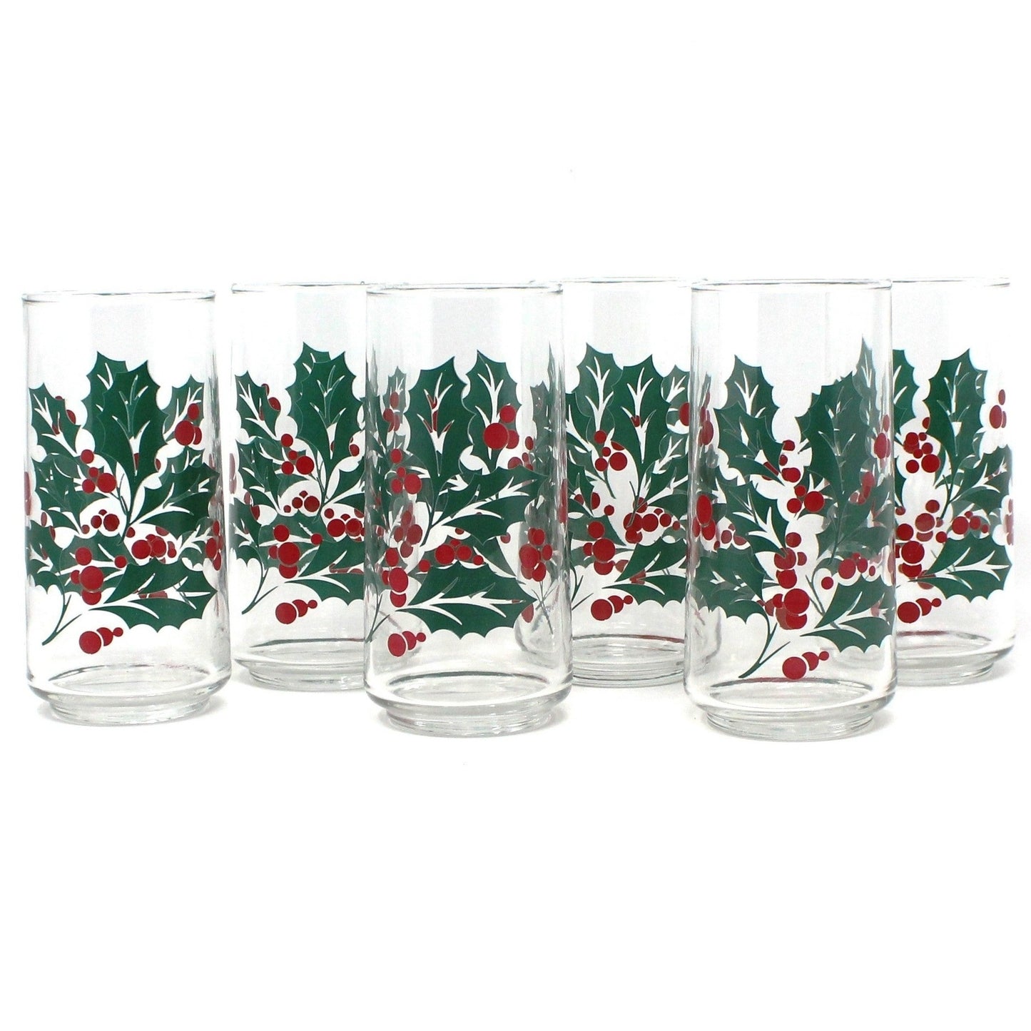 Glasses, Bartlett Collins, Christmas Holly Tumblers / Tom Collins, Set of 6, Vintage, SOLD