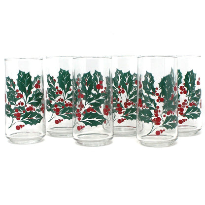 Glasses, Bartlett Collins, Christmas Holly Tumblers / Tom Collins, Set of 6, Vintage, SOLD