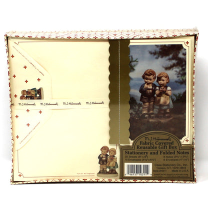 Vintage MJ Hummel Stationary in reusable fabric covered box, NOS.  We Congratulate figurine image, boy and girl