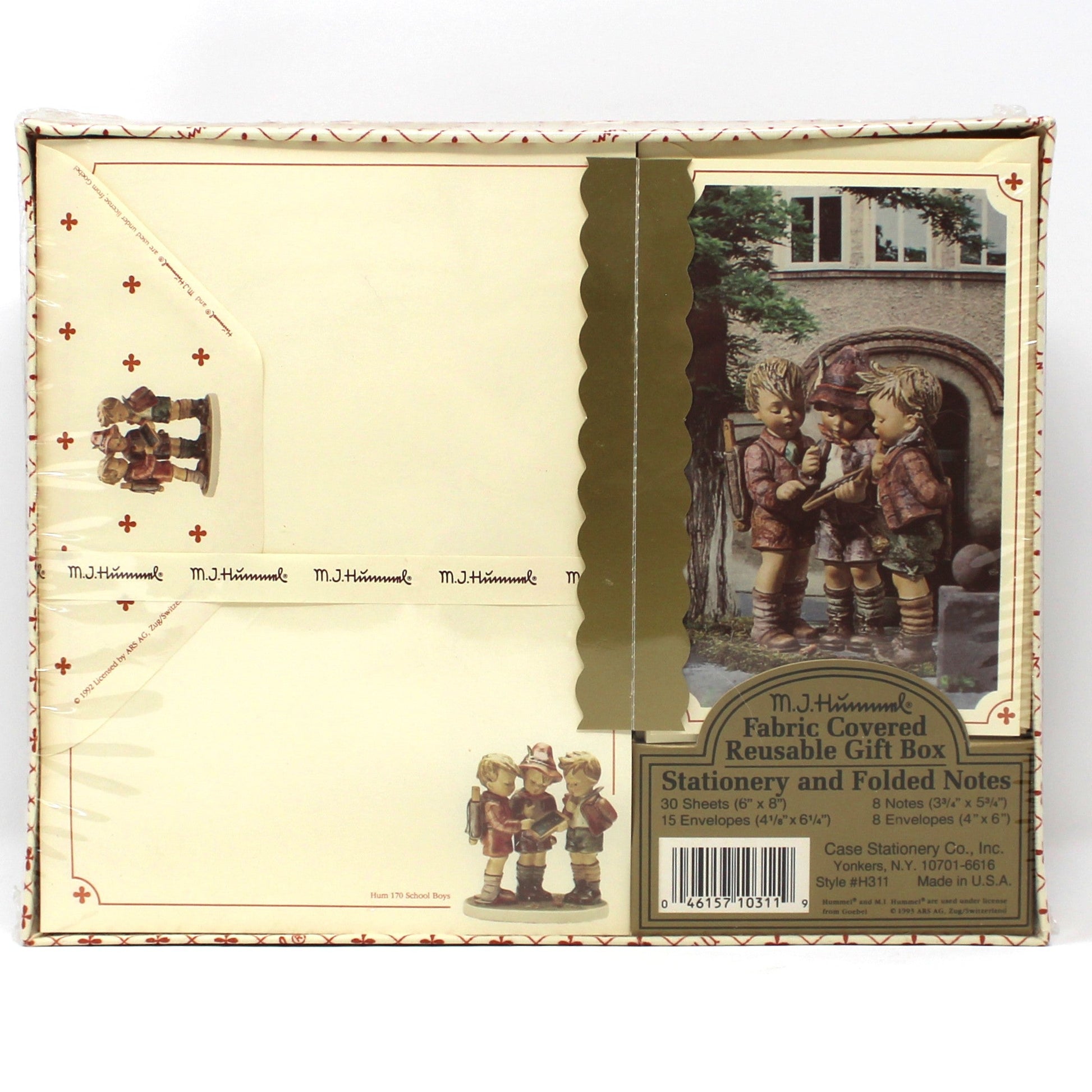 Vintage MJ Hummel Stationary in reusable fabric covered box, NOS.  School Boys figurine image, 3 boys 