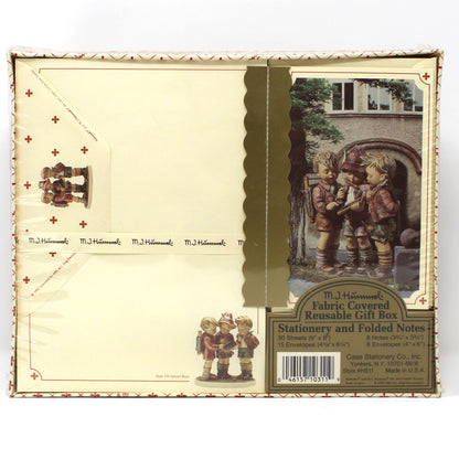 Vintage MJ Hummel Stationary in reusable fabric covered box, NOS.  School Boys figurine image, 3 boys 