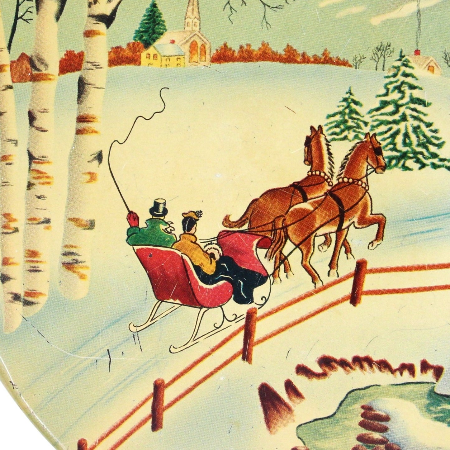 Gift Tin / Cookie Tin, Horse Drawn Sleigh Snowy Winter Scene, Olive Can Co, Antique