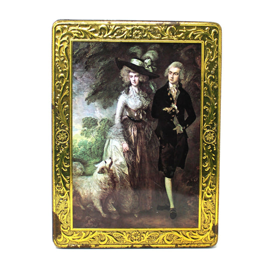 Vintage Collectible Tin, Elegant Victorian Couple image from painting titled: "The Morning Walk" by Thomas Gainsborough, 18th century. Metal Storage Box.
