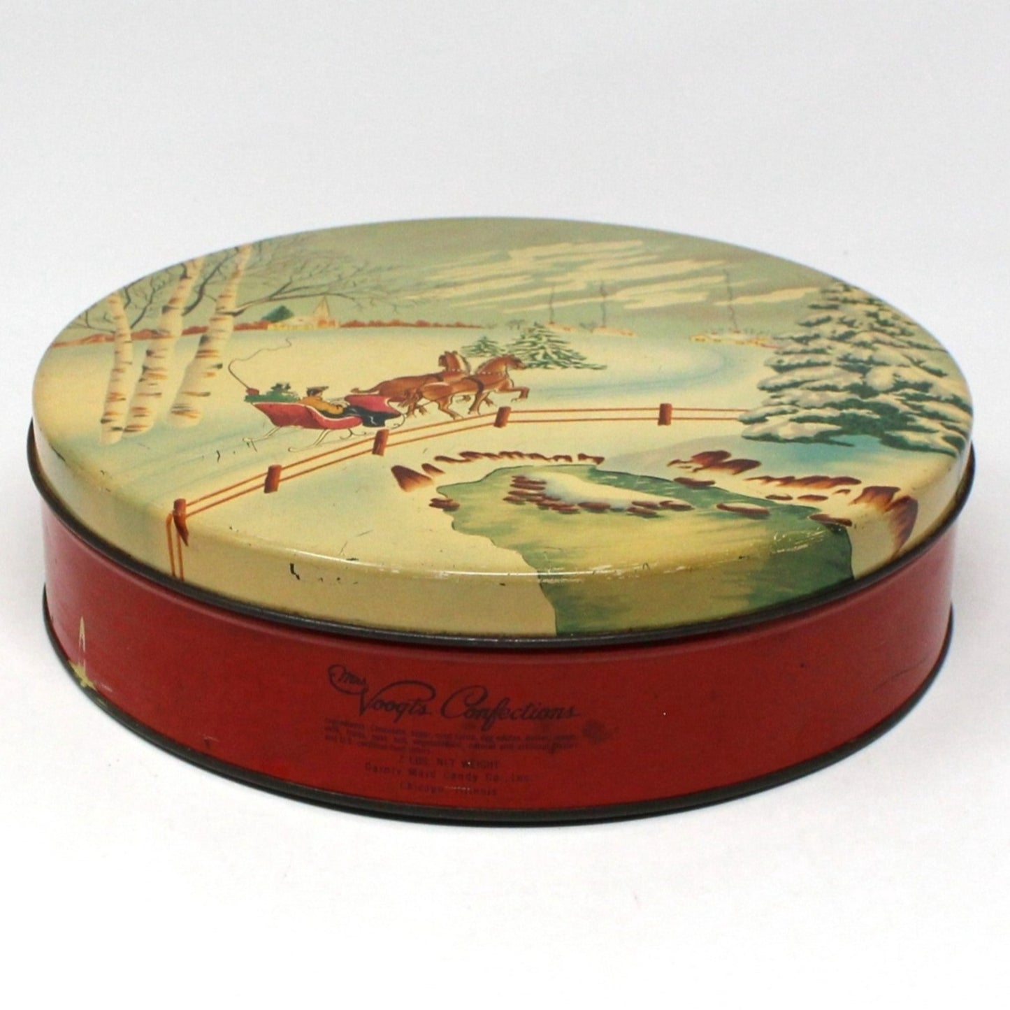 Gift Tin / Cookie Tin, Horse Drawn Sleigh Snowy Winter Scene, Olive Can Co, Antique