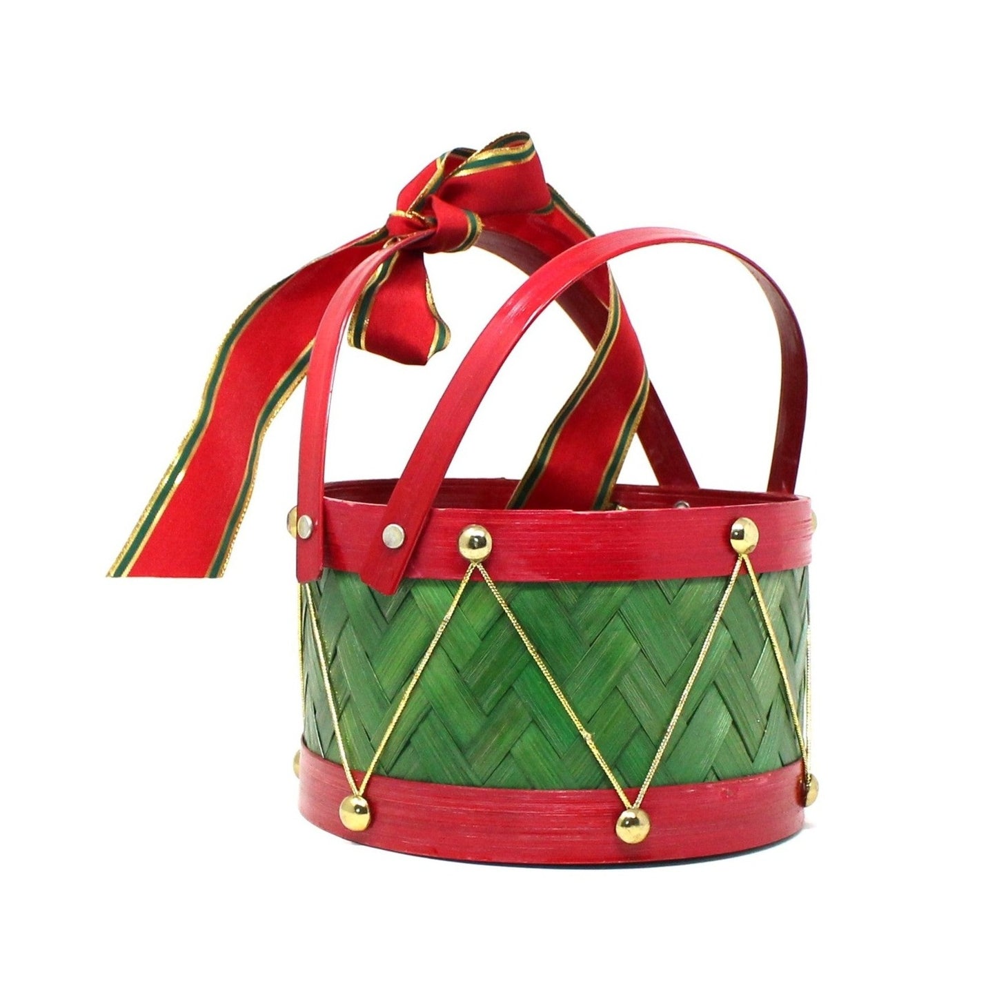 Basket, Red and Green Holiday Drum Shaped Basket with Handles, Vintage 7"
